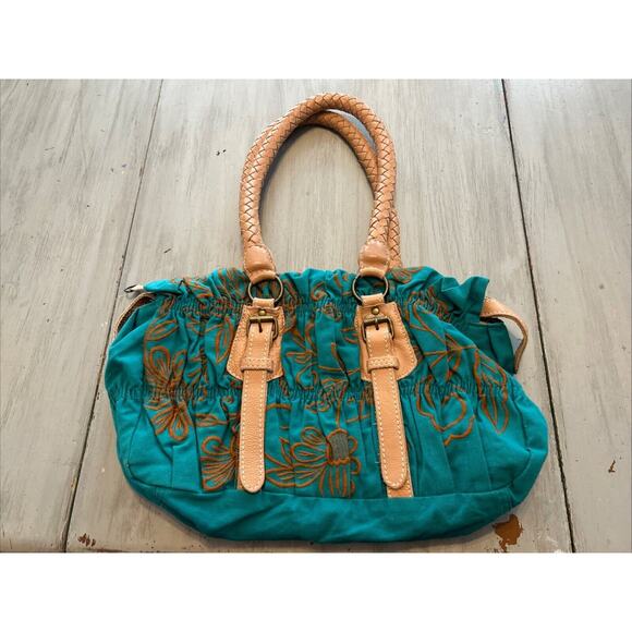 Nest Handbags - Nest Teal Blue Tan Brown Embroidered Shoulder Bag Purse Leather Woven Strap Boho